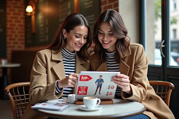 Deux femmes comparant des prix rouges La Redoute sur tablette et catalogue dans un café parisien