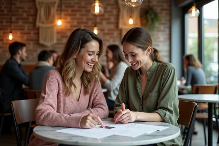 Deux femmes examinant des échantillons de faire-part de mariage commandés sur un service de papeterie en ligne dans un café