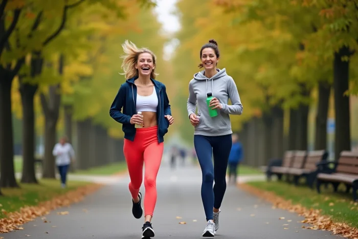 Deux femmes courant ensemble dans un parc en automne, illustrant les bienfaits du jogging en extérieur pour booster sa forme physique
