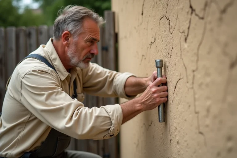 Homme vissant un boulon d'ancrage dans un mur en crépi extérieur texturé, technique de fixation sans abîmer la façade