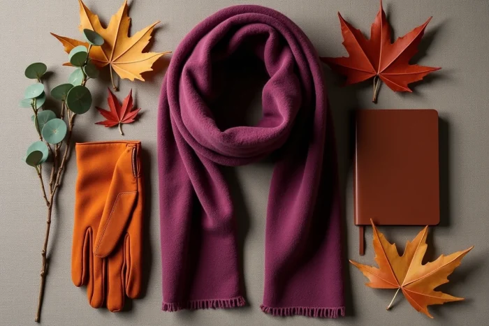 Flat lay d'accessoires automne-hiver 2025 : écharpe prune, gants rouille et cuir chocolat sur fond lin texturé, tendances couleurs saisonnières