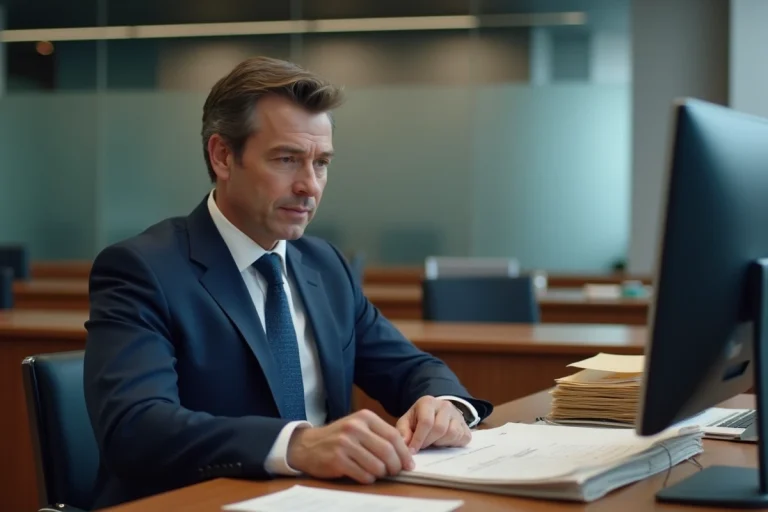 Fonctionnaire masculin en costume examinant des documents administratifs dans un bureau gouvernemental, illustrant l'indemnité de sujétion spéciale