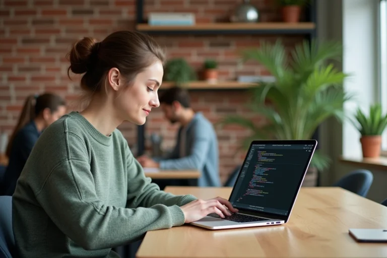 Femme se formant aux métiers du digital sur un ordinateur portable dans un espace de coworking moderne