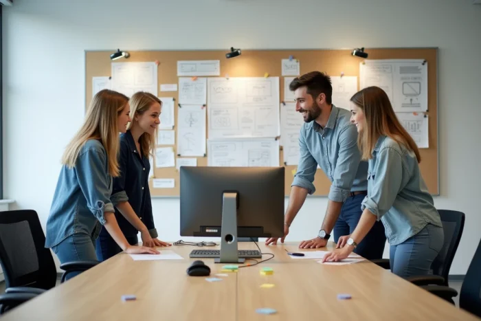 Groupe de professionnels en formation aux métiers du digital lors d'un atelier UX design en salle de formation