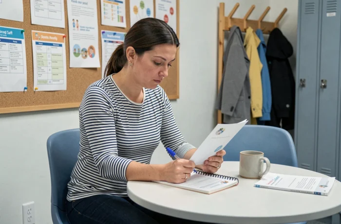 Femme en cours de reconversion se formant aux métiers de la petite enfance en consultant un livret pédagogique dans une salle de pause de structure d'accueil