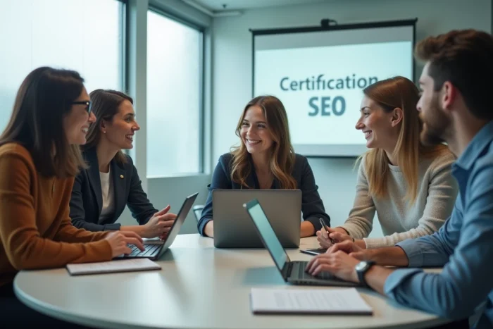 Groupe d'étudiants suivant une formation SEO certifiante dans une salle de cours moderne avec ordinateurs portables