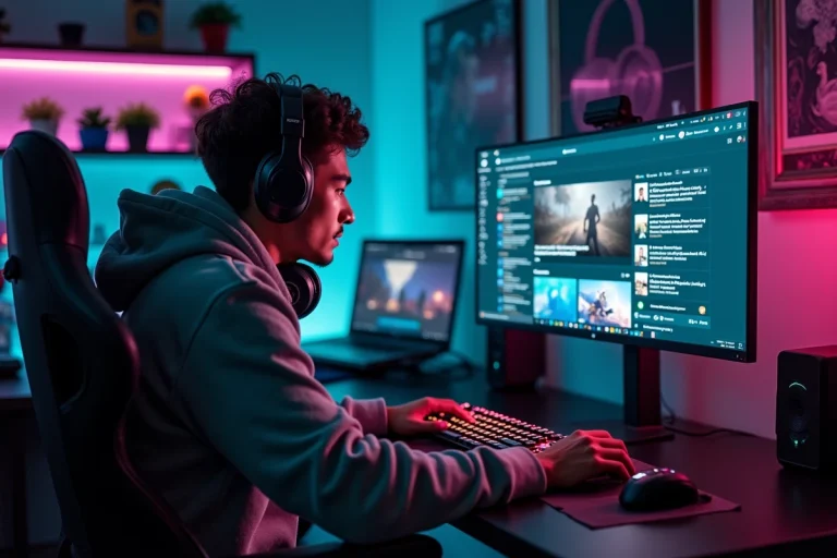 Jeune gamer masculin naviguant sur un forum de partage de fichiers gaming depuis son bureau ultrawide à la maison