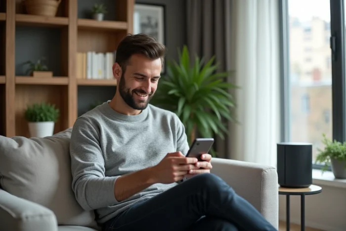 Homme gérant la sécurité de sa maison connectée depuis une application smartphone dans son salon