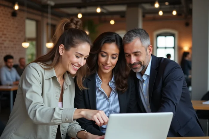 Groupe de collègues collaborant sur une plateforme d'apprentissage en ligne dans un espace de coworking moderne