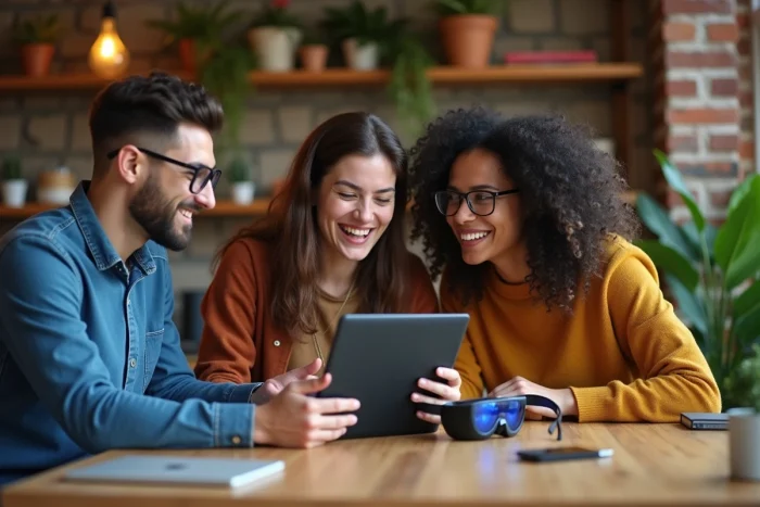 Groupe de jeunes professionnels collaborant autour de technologies innovantes comme une tablette, un ordinateur portable et des lunettes connectées dans un espace de coworking