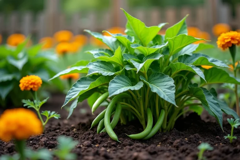 Haricots verts poussant en association avec des œillets d'Inde et des carottes dans un potager bien entretenu