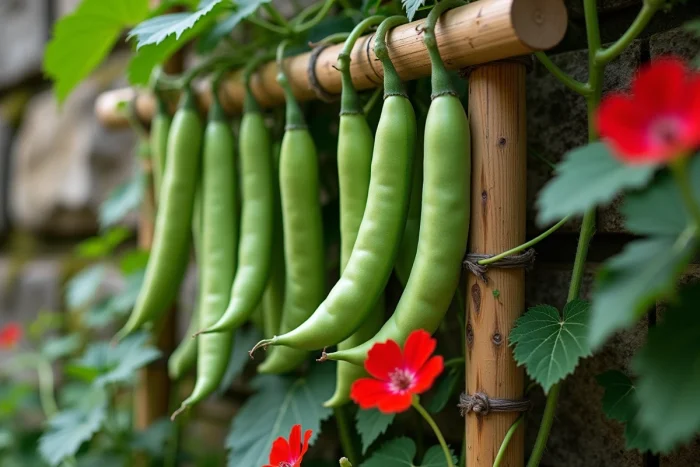 Gousses de haricots verts mûres sur treillage en bambou avec des capucines et des concombres en cultures associées