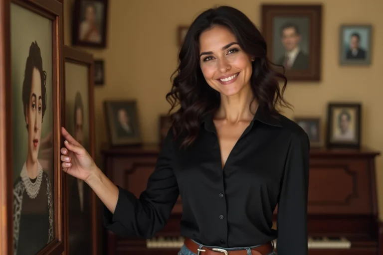 Femme aux traits méditerranéens souriante dans un salon familial avec piano vintage et photos de famille encadrées, illustrant l'héritage musical familial de Kelly Vedovelli