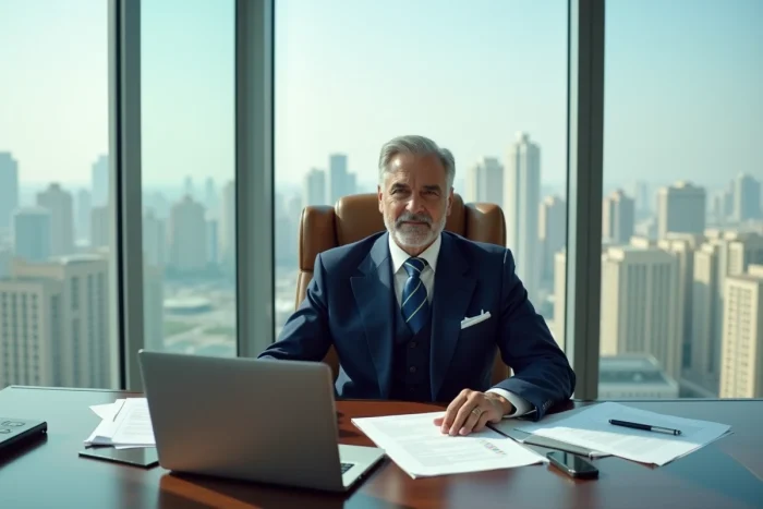 Homme d'affaires prospère dans un bureau exécutif avec vue panoramique sur la ville
