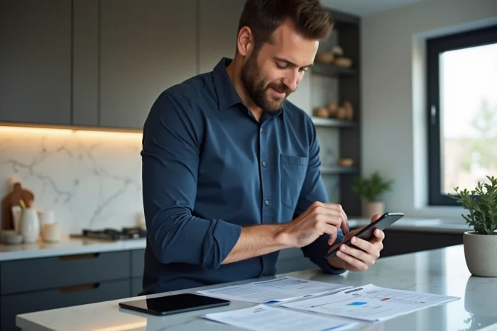 Homme consultant son application de banque en ligne sur smartphone dans une cuisine moderne