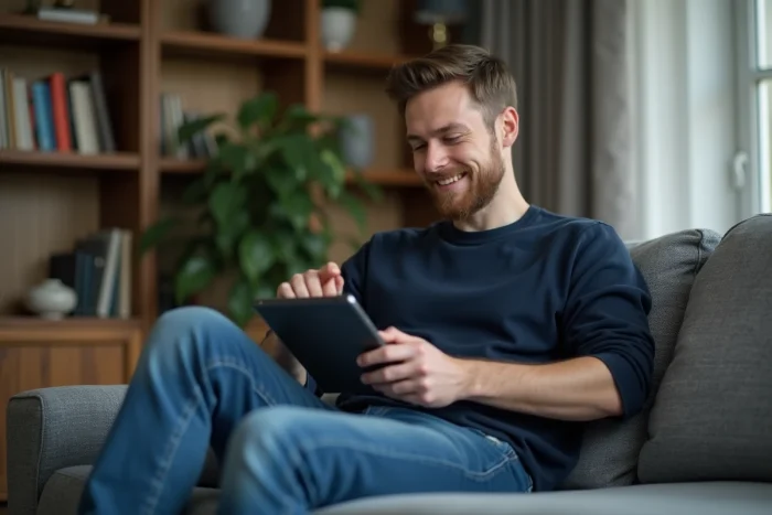 Homme laissant un avis utilisateur sur la plateforme de téléconsultation Livi depuis sa tablette à domicile