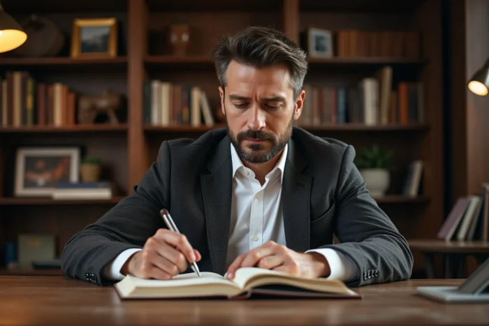 Homme concentré dans une bibliothèque personnelle consultant un carnet, illustrant un parcours intellectuel et professionnel
