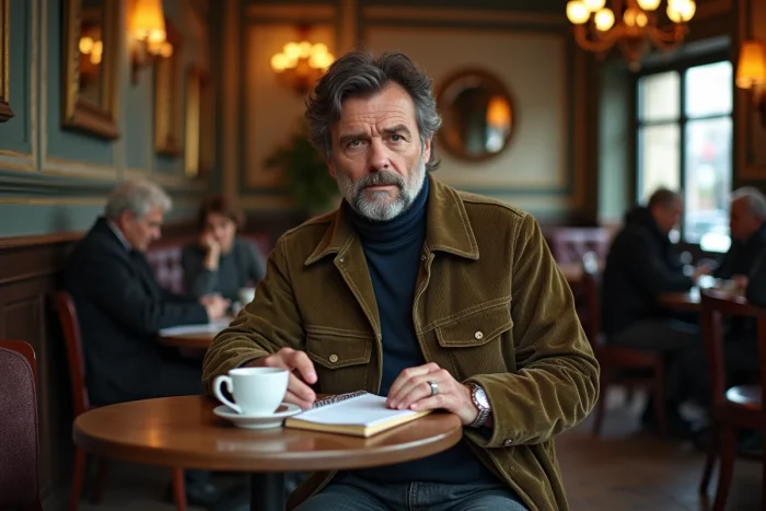 Homme mature assis dans un café parisien avec un carnet ouvert, ambiance brasserie vintage et intimiste