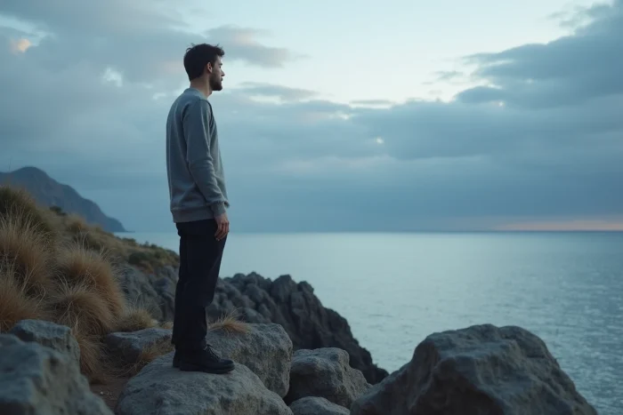 Jeune homme contemplatif face à l'océan sur une falaise rocheuse, évoquant la quête de sens et de spiritualité