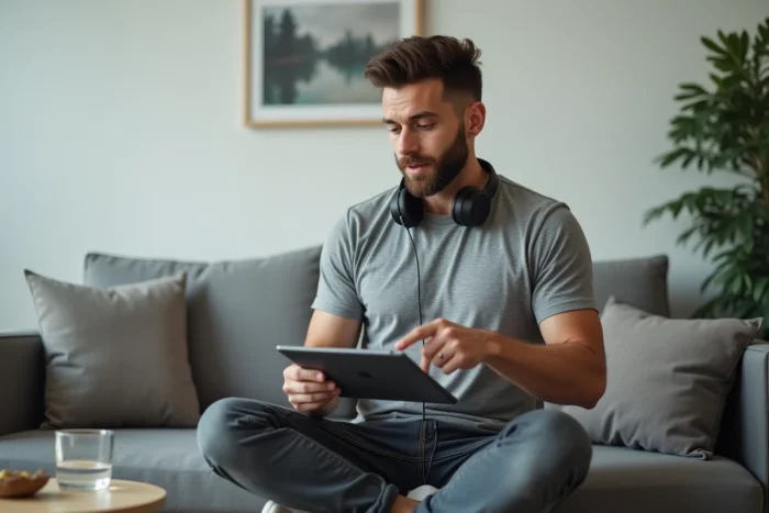 Homme utilisant une tablette pour suivre une formation en ligne dans un salon moderne et minimaliste