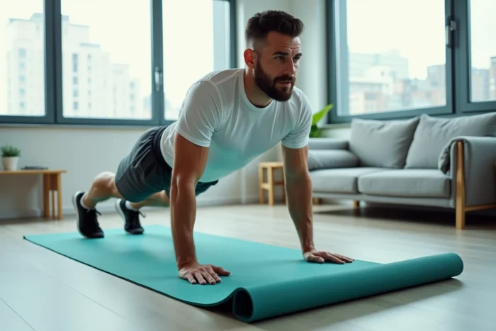 Homme réalisant une planche abdominale sur tapis de yoga dans un appartement moderne, exercice incontournable pour renforcer sa sangle abdominale