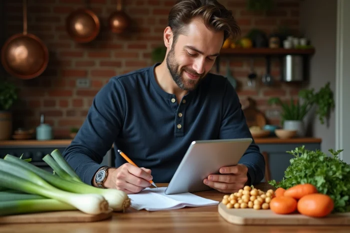 Homme planifiant son batch cooking hebdomadaire avec un guide PDF sur tablette et des légumes frais sur une table en bois