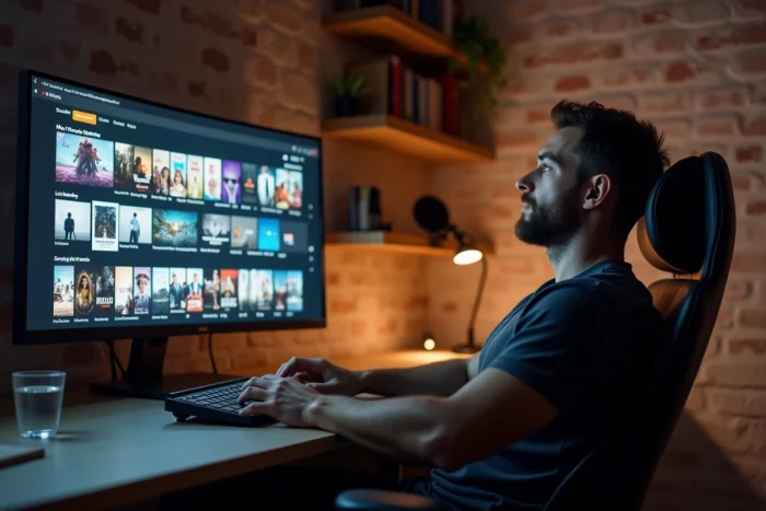 Homme parcourant une plateforme de streaming de films sur un grand écran dans un bureau à domicile