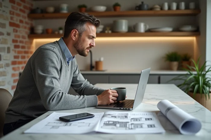 Homme consultant des sites d'investissement immobilier en ligne depuis son domicile avec des documents de marché étalés sur le plan de travail