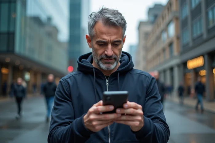 Homme tenant un smartphone pliable dans une rue urbaine moderne, explorant les dernières innovations numériques