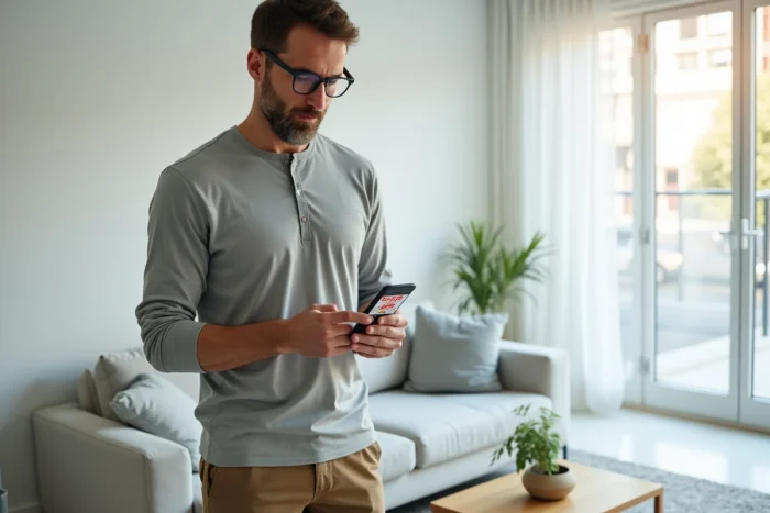 Homme consultant des promotions et prix rouges sur smartphone dans un salon contemporain