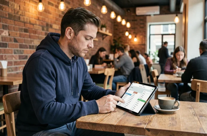 Homme explorant la navigation du site Seek et Travel via une tablette dans un café moderne