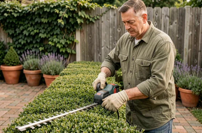 Homme utilisant un taille-haie sans fil pour entretenir une haie de buis dans un jardin de banlieue bien aménagé