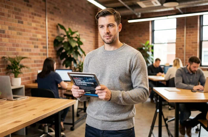 Homme professionnel consultant les tendances du monde des affaires sur une tablette dans un espace de coworking