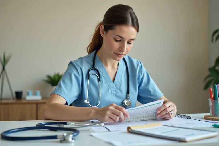 Infirmière à domicile organisant un pilulier hebdomadaire lors d'une cotation IDE pour la gestion des médicaments