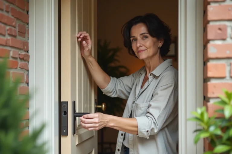 Femme installant une serrure connectée sur la porte d'entrée de sa maison pour sécuriser son domicile