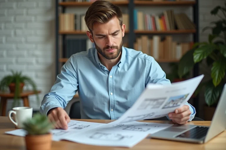 Jeune investisseur immobilier analysant des documents et des plans de propriété dans un bureau à domicile