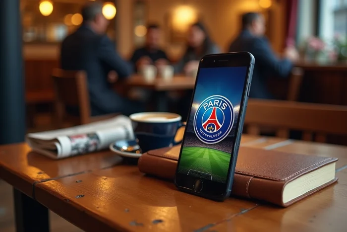 iPhone avec fond d'écran PSG posé sur une table de café parisien avec carnet en cuir et expresso