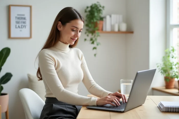Jeune femme entrepreneure travaillant depuis son bureau à domicile minimaliste avec détermination