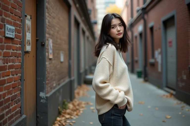 Jeune femme pensive en pull crème devant un mur de briques urbain, évoquant un parcours de vie authentique
