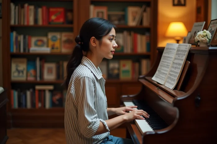 Jeune femme brune assise à un piano ancien dans une salle de musique vintage avec partitions et affiches de concerts, évoquant l'héritage musical familial de Kelly Vedovelli