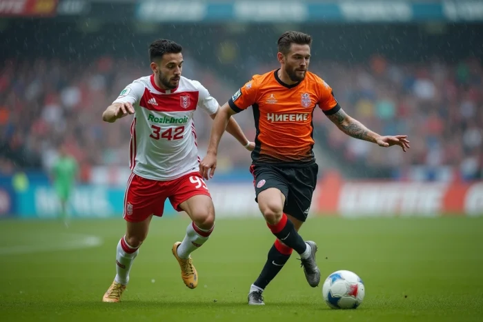 Joueur de Lorient en train de dribbler un défenseur de Quimper sur un terrain mouillé lors du derby breton