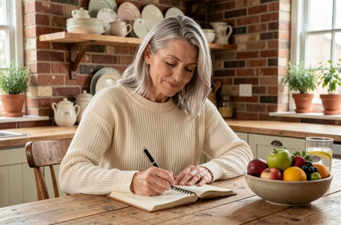 Femme mature écrivant dans un journal intime dans une cuisine chaleureuse pour cultiver le bien-être mental au quotidien