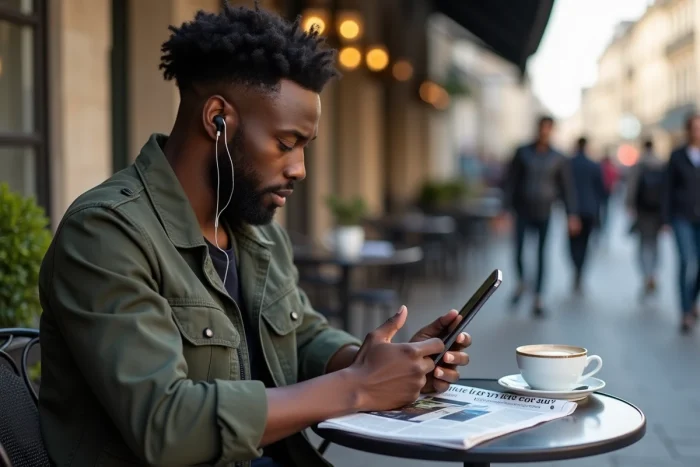 Jeune homme lisant l'actualité internationale sur une tablette en terrasse de café urbain