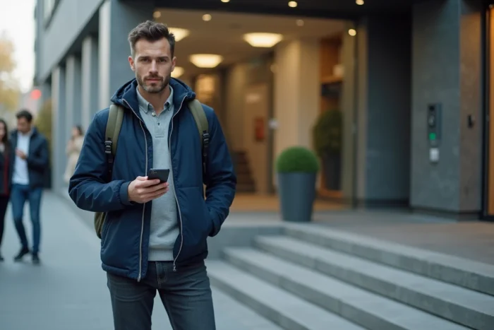 Futur locataire devant un immeuble résidentiel consultant une plateforme de location sur son smartphone