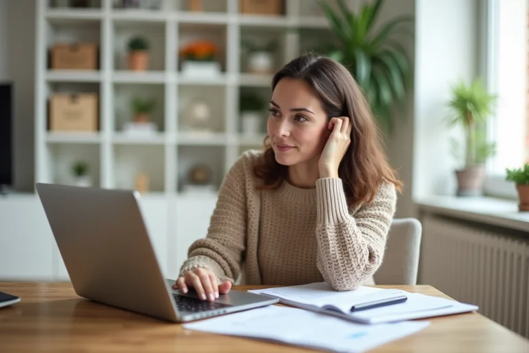 Locataire consultant les offres de location sur LocService depuis son appartement avec des documents imprimés sur le bureau