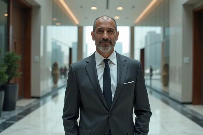 Portrait d'un magnat de la finance en costume sur mesure dans un hall de gratte-ciel moderne