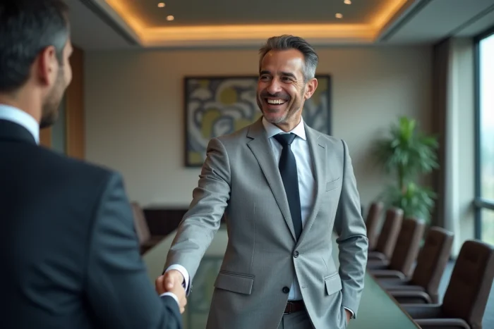 Magnat de la finance serrant la main lors d'une réunion d'affaires dans une salle de conférence moderne