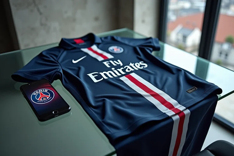 Maillot PSG posé sur un bureau moderne avec un iPhone affichant un fond d'écran du Parc des Princes