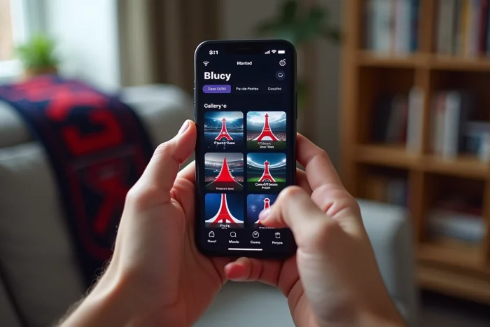 Mains tenant un iPhone affichant une galerie de fonds d'écran PSG en intérieur cosy