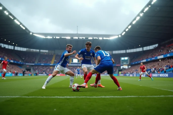 Match de football entre Lorient et Quimper dans un stade breton avec joueurs en duel aérien et supporters dans les tribunes